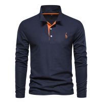 HOT11★ 2023 New Mens Deer Embroidery Polo Shirts Solid Color Long Sleeve Social Business Male