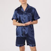 Men Pajama Sets Ice Silk Satin Short Sleeve Shirt Shorts 2Pcs Suit Summer Thin Sleepwear Solid Color Male Casual Home Clothes