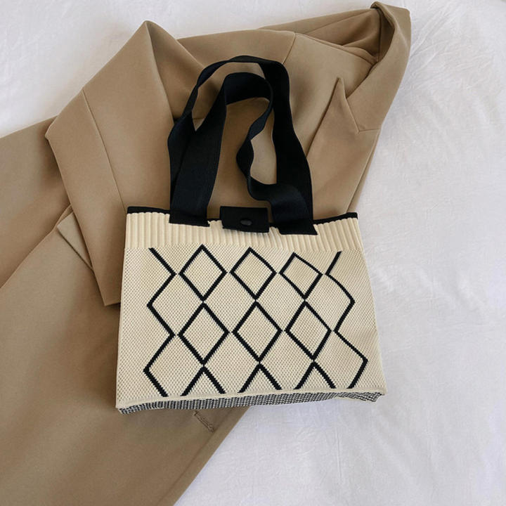 handbag-large-capacity-weave-tote-bag-buckle-versatile-rhombic-lattice-line-shoulder-bag