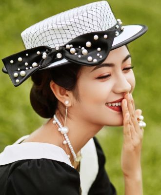 New Black Bowknot Bridal Fascinator Jazz Hat Retro Fedora Female Lady Classic Pearl Wedding Hat