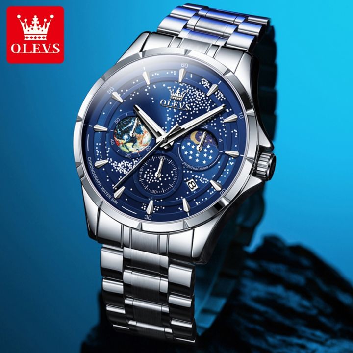 olevs-นาฬิกาโครโนกราฟมัลติฟังก์ชั่นสำหรับผู้ชายแบรนด์ดั้งเดิมกันน้ำเข้านาฬิกาควอทซ์สายเหล็กสแตนเลส