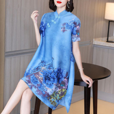 Women dress 2022 summer new cheongsam type improvement version pleated dress national wind retro design large size A word dress