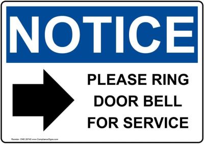 โปรดทราบโปรดกระดิ่งประตูแหวนสำหรับบริการลูกศรขวา OSHA ป้ายความปลอดภัยพลาสติกสำหรับการหาวิธีการ