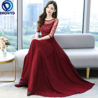 Womens Elegant Vintage Burdy Pleated Long Dress Summer Floral Hollow Out Chiffon Long Evening Party Maxi Dresses Vestidos