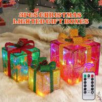 CROSSALISON 3Pcs คริสมาสต์เรืองแสง กล่องของขวัญมีไฟสำหรับตกแต่ง Navidad พร้อมโบว์ กล่องไฟ LED คริสต์มาส ชุดสามชิ้น แอลอีดี50 กล่องไฟคริสต์มาส เค้าโครงฉากปาร์ตี้ที่บ้าน