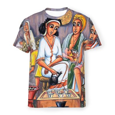 ภาพวาดเอธิโอเปียศิลปะพิธีชงกาแฟโพลีเอสเตอร์เสื้อยืดสไตล์ชายเสื้อบางเสื้อยืดคอกลม