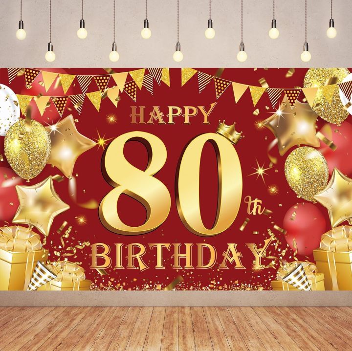 7x5ft Red Gold Birthday Photography Backdrops Red Gold Happy 80th ...