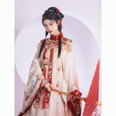 แฟชั่นปรับปรุงราชวงศ์หมิงจีนผู้หญิง H Anfu ชุดชุดแขนกว้างสีเบจยาวเสื้อคลุมวิจิตรผ้าคลุมไหล่ที่สง่างามใบหน้าม้ากระโปรง...