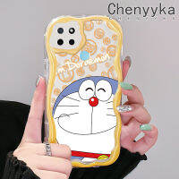 เคส Chenyyka สำหรับ Realme C21Y เคส C25Y การ์ตูนโดราเอมอนน่ารักสำหรับผู้ชายและผู้หญิงเนื้อครีมขอบคลื่นปกป้องกล้องเคสซิลิโคนอ่อนชัดเจนกันกระแทก