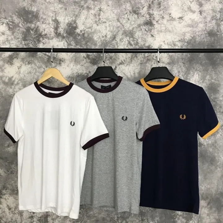 เสื้อยืดแขนสั้นปักลายสีทึบมีหูข้าวสาลี-fredperry-fredperry-สำหรับคอกลมผู้ชายบริสุทธิ์ผ้าฝ้ายหลวมฤดูร้อนแบรนด์อังกฤษ