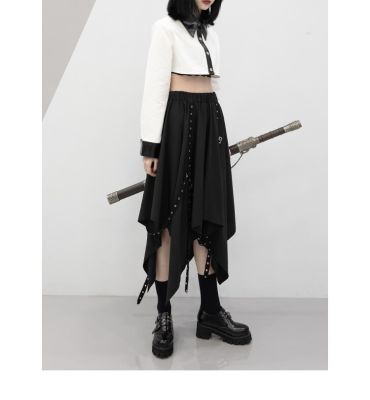 ‘；’ Irregular Skirt Girls New Dark Tie Street Punk Wind Weave Buckle Medium-Length Y2k Gothic Long Skirt