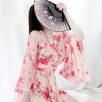 【Hot Sale】 lingerie pink sexy pajamas set a generation of new chiffon print kimono