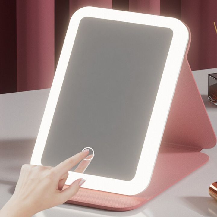 กระจกเงาโต๊ะเครื่องแป้งแต่งหน้าแบบมีไฟชาร์จได้พกพาได้กระจกแต่งหน้าสำหรับเดินทาง3สีโหมดแสงบนโต๊ะ