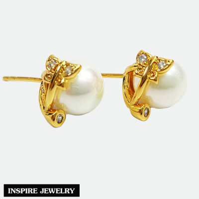 Inspire Jewelry , ต่างหูมุก ประดับเพชรCZ  งานDesign รูปผีเสื้อ จิวเวลลี่หรู ตัวเรือน ทอง24K ขนาด 1.2 CM