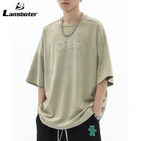 Lansboter เสื้อยืดแขนแขนสั้นคอกลมวินเทจของผู้ชายเชิ้ตคู่รักหล่อทรงหลวม