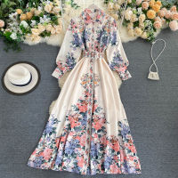 spring autumn vintage long dress women slim a line with belt floral printed party dresses ladies elegant maxi dress