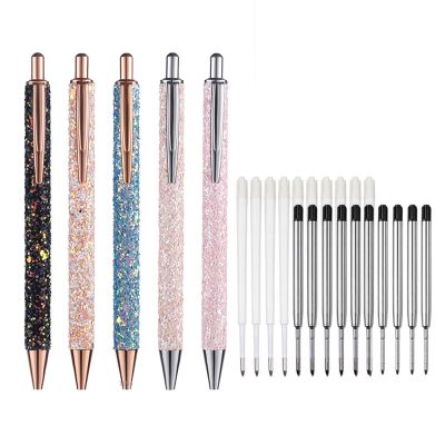 11pcs/set Glitter Sequin Metal Pen 1.0mm Blue Black Refill Rod Retractable Ballpoint Pen for School Office Stationery Gift