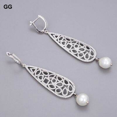 GuaiGuai Jewelry White Keshi Pearl White Gold Plated CZ Pave Teardrop Earrings