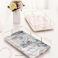 ถาดเซรามิกลายหินอ่อน เฉพาะสีเทา ขอบทองสุดหรู Marble tray ถาดอเนกประสงค์ ถาดวางเครื่องสำอางค์