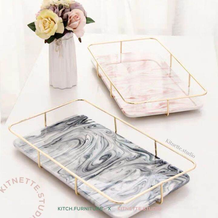 ถาดเซรามิกลายหินอ่อน-เฉพาะสีเทา-ขอบทองสุดหรู-marble-tray-ถาดอเนกประสงค์-ถาดวางเครื่องสำอางค์