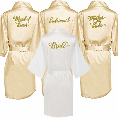 {Xiaoli clothing} Champagne Gold Robe With Gold Writing Bridal Shower Party Mother Of The Groom Robe Bride Women Cape Satin Robes