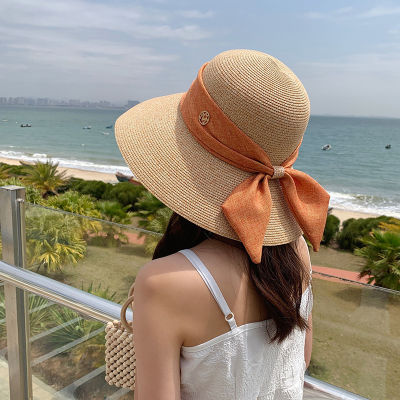หมวกฟางรุ่นเกาหลี ฤดูร้อนผู้หญิงร้อยชุด หมวกกันแดดปีกใหญ่ หมวกแฟชั่น M ตัวอักษร Flow Sun Cap หมวกชายหาด 6NOB