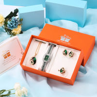 Watch for Women Luxury Necklace Earings Ring 4Pcs Set Elegant Ladies Quartz Wrist Watches 2021 Jewelry Sets Gift for Girlfriend