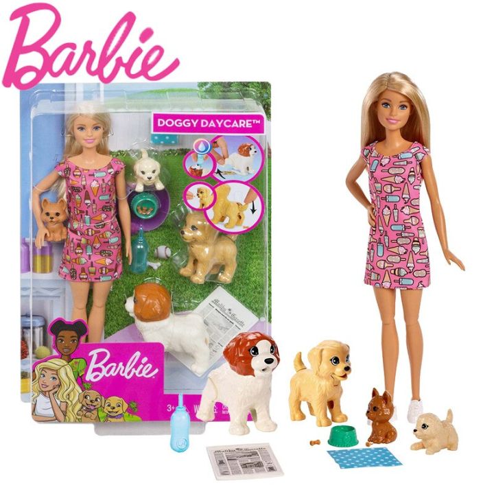 Barbie Dog Sitter Doll Pink Dress Puppy 4 Pets With Essories Flexible ...