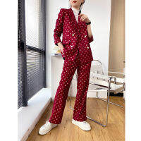 LANMREM 2021 Autumn New Dot Pattern Turn-down Collar Double-breasted Streetwear+long Straight Pants Red Two Piece Suit 2A3163