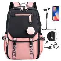 Large school bags for teenage girls USB port canvas schoolbag student book bag fashion black pink teen school backpack