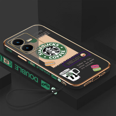 เคสเคสมือถือสำหรับ Y22S Vivo พร้อมฟรีสายคล้อง + โลโก้ Starbucks แฟชั่นชุบขอบสี่เหลี่ยมฝาหลังนิ่ม