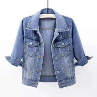 ผู้หญิง2023ฤดูใบไม้ร่วงฤดูหนาว Denim Coat Lapel 34แขนเสื้อแจ็คเก็ตสั้น Lady Chic หลวม Streetwear ผู้หญิง Jacket