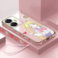 เคสโทรศัพท์พร้อมสำหรับ Realme เคส C55 Realme เคส C55 (ฟรีสายคล้อง) เคสลายการ์ตูนพระจันทร์น่ารักขอบสี่เหลี่ยมเคสโทรศัพท์เด็กผู้หญิงเคสโทรศัพท์นิ่มชุบหรูหรา