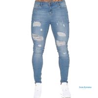 Ripped Jeans Skinny Men Stretchy Hole Frayed Biker Blue Fashion S-3XL