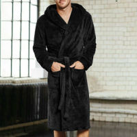 Mens Long Home Sleepwear Robes Shawl Collar Fleece Bathrobe Spa Gown Kimono Pajamas Black Blue Gray