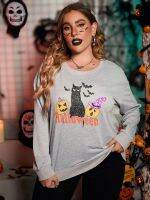 Yuisle Womens Casual Ladies Comfort Plus Size Sweatshirt Plus Halloween Letter &amp; Pumpkin Print Drop Shoulder Pullover Leisure Perfect Comfortable Eye-catching (Color : Light Grey, Size : XX-Large)