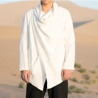 2023 Chinese Style Improved Hanfu Shirts Mens Youth Tang Suit Retro Style Linen Jacket Long Section Slung Cardigan Robe