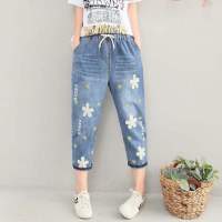 Large  Size Womens Vintage Jeans Casual Elastic Waist Slim Embroidery Cropped Denim Pants