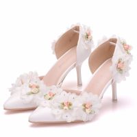 8 cm white flowers wedding shoe heel cusp sandals hollow two chip sandals big yards party shoes