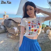 เสื้อยืดผู้หญิงแขนสั้นพิมพ์ลายการ์ตูน ZhuXia แจ็คเก็ตสั้นสั้น