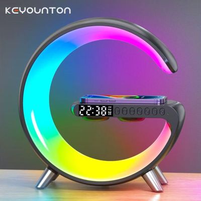 15W LED Atmosphere RGB Light Wireless Charger Alarm Clock Desk Lamp Bluetooth Speaker With APP Control For IPhone 14 13 Samsung Car Chargers