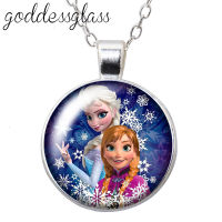 Winter Princesses Elas Anna Girls gift Round Glass glass cabochon silver platedCrystal pendant necklace jewelry for Gift