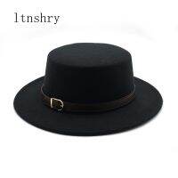 【YP】 New women men Top hat Imitation Woolen Felt Hats buckle Decorated ladies Boater Hat flat brim