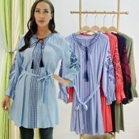 4 Colors Women Summer Loose Long Sleeve Blouse Casual Embroidery Shirt Tops Muslim Clothes