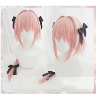 Astolfo Fate Apocryph คอสเพลย์วิกผมยาวสีชมพูถักทนความร้อนผมสังเคราะห์ Perucas คอสเพลย์วิกผม3สีดำโบว์วิกผมหมวก