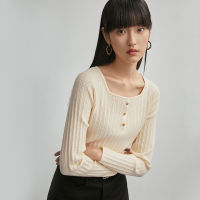 INMAN Autumn Winter Women Top French Pastoral Retro Square Collar Decorative Buttons Slim Long Sleeve Knitted Shirt