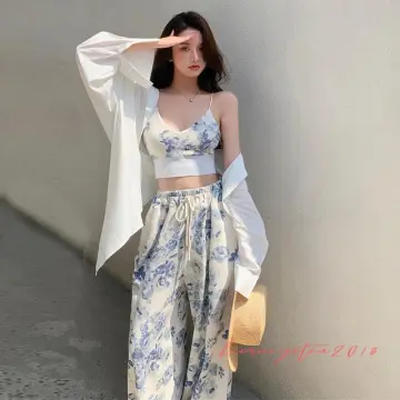 2 Piece Outfits Women Crop Top and Elastic Waist Wide Leg Pants Fashion  Sets Short Sleeve V-neck Summer Suits Two Piece Sets