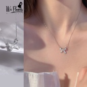 We Flower Korean s925 Silver CZ Zirconia Bow Necklace for Women Girls Crystal Clavicle Chain Necklace Jewelry