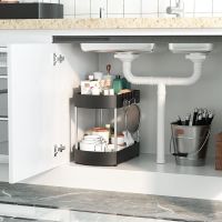 Under Sink Organizers Storage, Bathroom Under Sink Shelf Basket, 2 Tier Bathroom Organizers and Storage Rack with Hooks