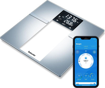 Beurer BF720 Smart Scale for Body Weight, Body Fat, Body Water &amp; More – 400 lb Capacity, Bluetooth App, Calorie Data, User Recognition, XL LCD Display, Glass Digital Bathroom Scale – Grey Bluetooth Smart Scale